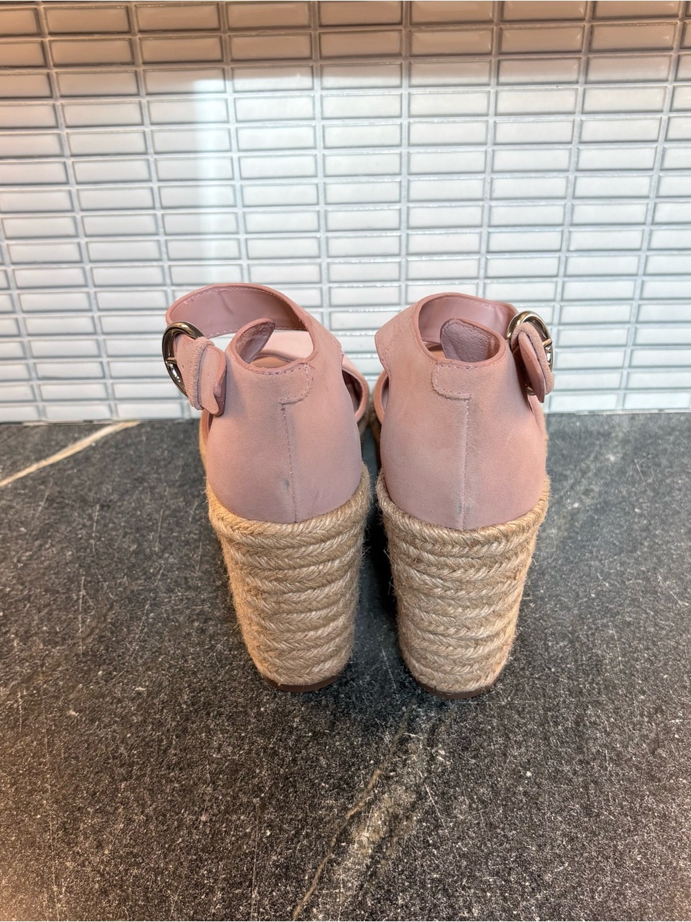 Marc Fisher Pink Suede Espadrille Wedge Sandals with Ankle Buckle - Picture 4 of 8
